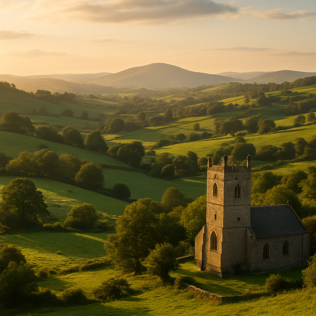 Peaceful English countryside with a historic church
