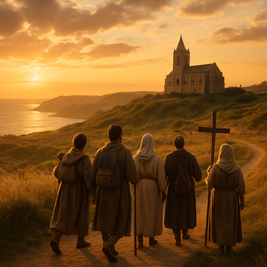 Pilgrims walking towards an ancient church